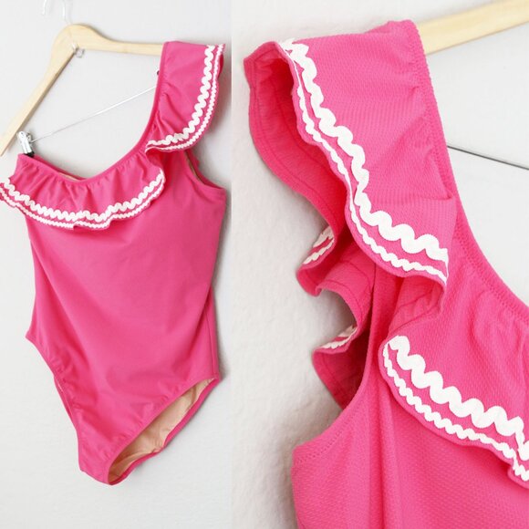 NEW J. Crew Barbie Pink Ruffled One Shoulder One Piece Swimsuit Size 14 $149 NWT - Picture 7 of 16